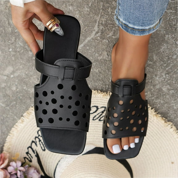 USSUMA Women's Slippers Women's Fashionable and Casual Summer New Large Size Flat-Bottom Hollow One-Line Outer Wear Head Light Beach Sandals Quick-On Patio Sandals s