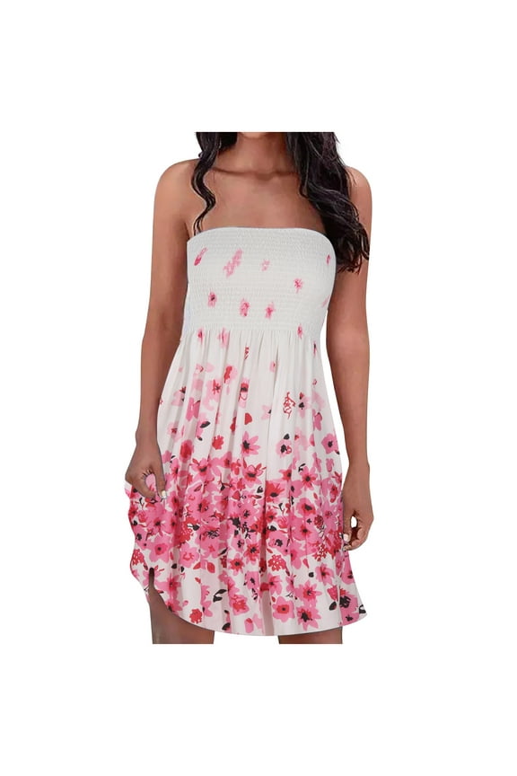 USSUMA Women’s Strapless Bandeau Summer Mini Dresses Off Shoulder Floral Leopard Print Beach Sun Dress High Waist Swing Dress