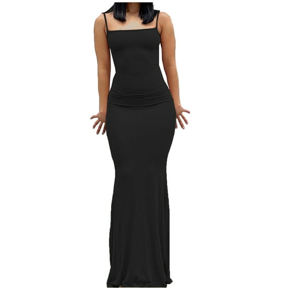 USSUMA Women's Summer Bodycon Maxi Dresses Sleeveless Spaghetti Strap Cami Casual Long Dress Summer Beach Dress