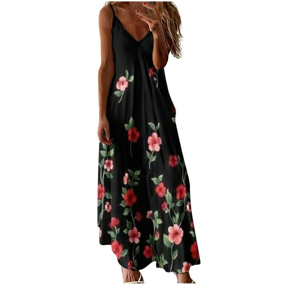 USSUMA Women's Summer Floral Printed Bohemian Spaghetti Strap Long Maxi Dress V Neck Sleeveless Casual Beach Vacation Sundresses