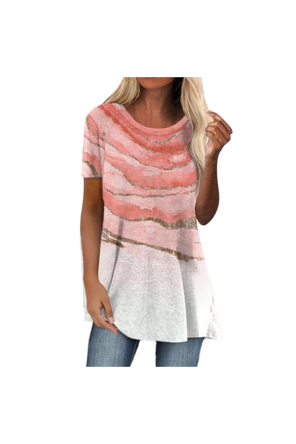 USSUMA Women's Summer Marble Print Tunic Top Loose Fit Short Sleeve T Shirt Blouses Casual Dressy Swing Shirt Tees Pullover Tops