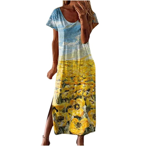 USSUMA Women's Summer Maxi Dress Casual Loose Van Gogh Painting Printed Long T Shirt Dress Short Sleeve Split Beach Dresses