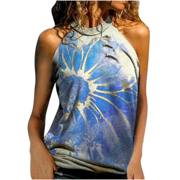 USSUMA Women's Summer Sleeveless Halter Tank Tops Casual Sunflower Printed High Neck Cami Tops Tee Blouse