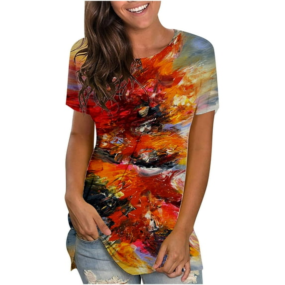 USSUMA Women's Summer Top Casual Impressionist Oil Painting Printed T-Shirts Crewneck Short Sleeve Tunics Basic Blouse