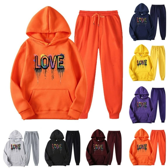 USSUMA Women's Sweatsuits Hoodies Womens Long Sleeved Pullover Sweatpant Outfits Pocket Drawstring Print Tracksuit Elastic Waist Stylish Jogger Sets Oversized Hiking Fall Suit