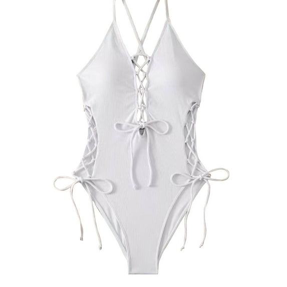 USSUMA Women's Swimwear Solid Color One Piece Swimsuit Backless Swimwear Trendy Womens Fashion for Casual White 50% off Clear