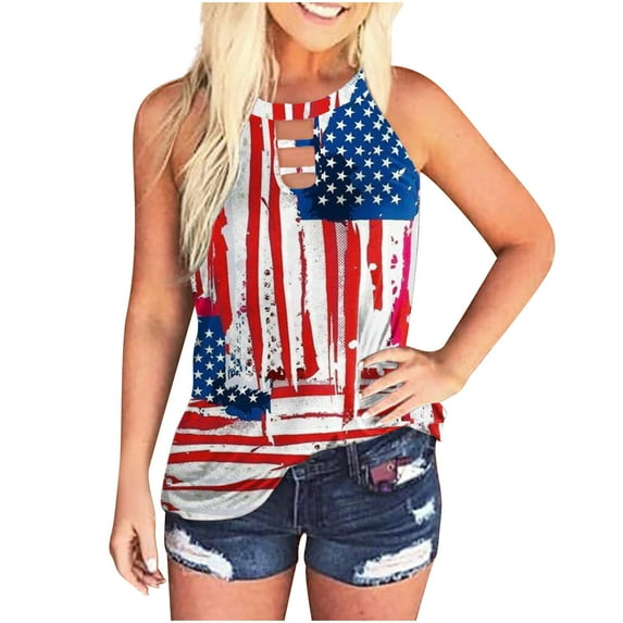 USSUMA Women's Tops Dressy Casual Summer Blouse American Flag Tank Sleeveless T-Shirts for Women Trendy 4th of July USA Round Neck Womens Tunic Top Shirt Summer Beach