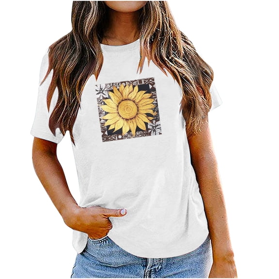 USSUMA Women's Tops Dressy Casual Summer Blouse Cute Juniors Graphic Short Sleeve T-Shirts for Women Trendy Sunflower Print Crewneck Womens Tunic Top Shirt Summer Beach