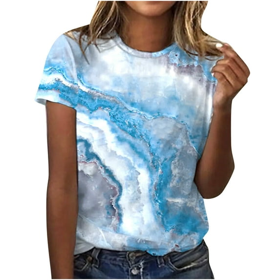 USSUMA Women's Tops Dressy Casual Summer Blouse Vintage Oil Painting Short Sleeve T-Shirts for Women Trendy Marble Print Round Neck Womens Tunic Top Shirt Summer Beach