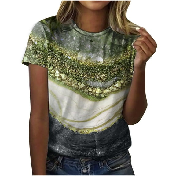 USSUMA Women's Tops Dressy Casual Summer Blouse Vintage Oil Painting Short Sleeve T-Shirts for Women Trendy Marble Print Round Neck Womens Tunic Top Shirt Summer Beach
