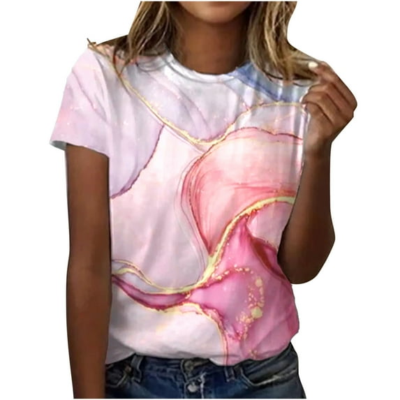 USSUMA Women's Tops Dressy Casual Summer Blouse Vintage Oil Painting Short Sleeve T-Shirts for Women Trendy Marble Print Round Neck Womens Tunic Top Shirt Summer Beach