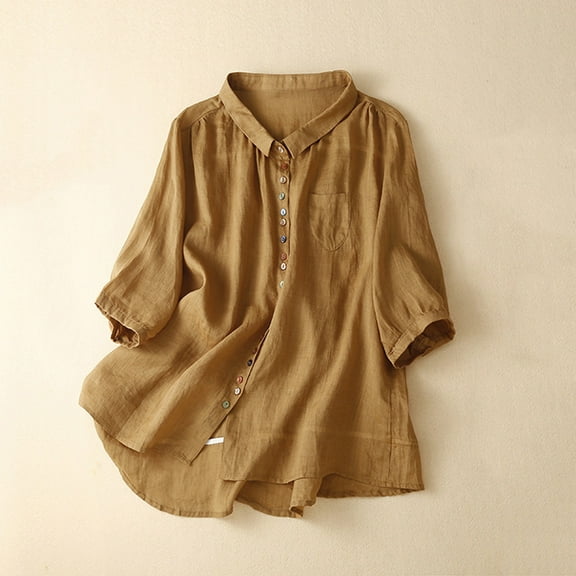 USSUMA Women's Tops Summer Tops for Women 2025 Women Vintage Colorful Button Cotton Linen Shirt Temperament Collar 3/4 Sleeve Festival Gift Summer Tops for Women