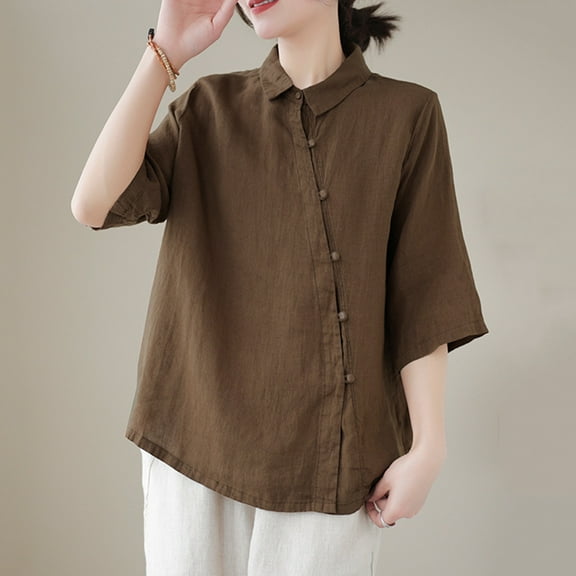 USSUMA Women's Tops Womens Tops Dressy Casual Women's Spring Summer Casual Short Sleeves Turndown Collar Solid Color Loose Tops Holiday Saving Summer Tops for Women