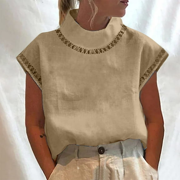 USSUMA Women's Tops Womens Tank Tops Womens Spring and Summer Solid Cut Out Top Casual High Neck Linen Lace Breathable T-Shirt Up to 65% Off Summer Tops for Women