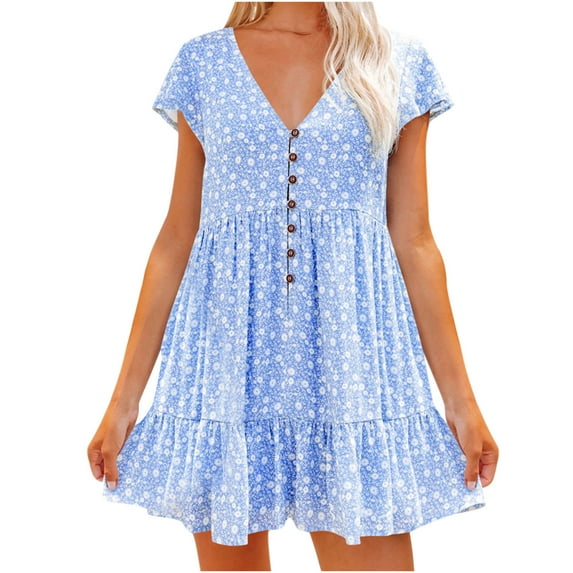 USSUMA Women's Tunic Dress Floral Printed Short Sleeve Casual Loose V Neck Ruffle Swing Mini Dresses Summer Beach Party Sundress
