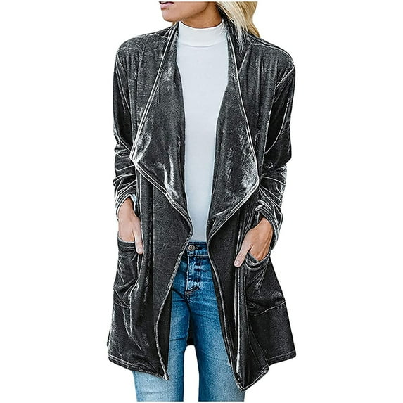 USSUMA Women's Cardigan Outwear Velvet Jacket Coaat Open Front Long Sleeve Long Cardigan Sweaters For Women 2022 Soft Cardigan with Pocket