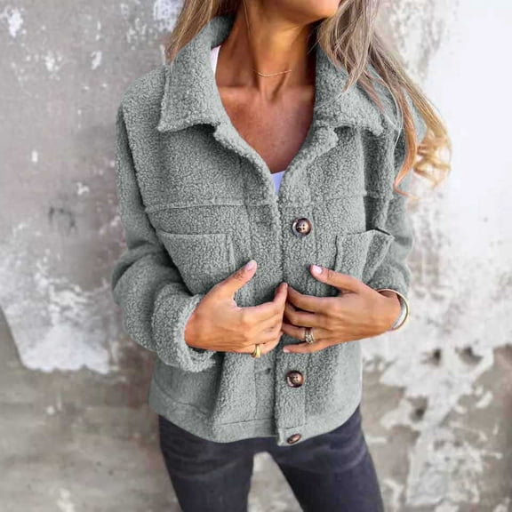 USSUMA Women's Winter Faux Fur Fleece Coat Cute Soft Fuzzy Shacket Button Down Shearling Plush Jacket Short Outerwear Holiday Gift Finder