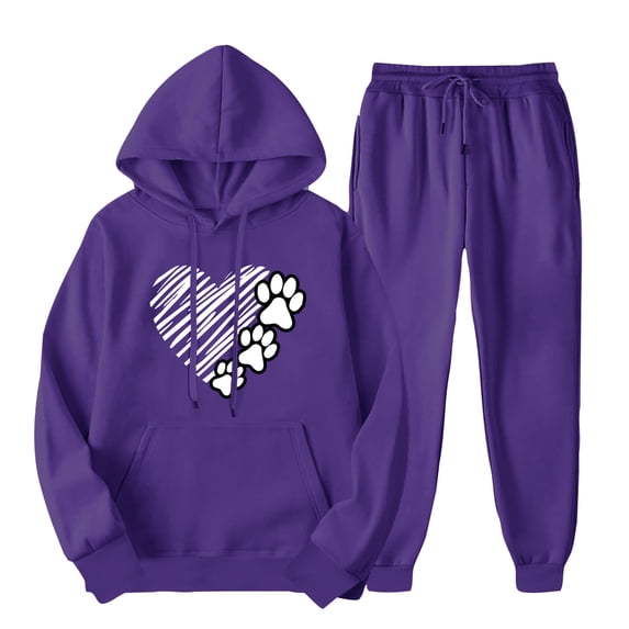 USSUMA Womens 2 Piece Outfits Hoodie Women Long Sleeved Pullover Sweatpant Outfits Pocket Drawstring Print Tracksuit Stretchy Waist Fashion Jogger Sets Oversized Party Fall Suit
