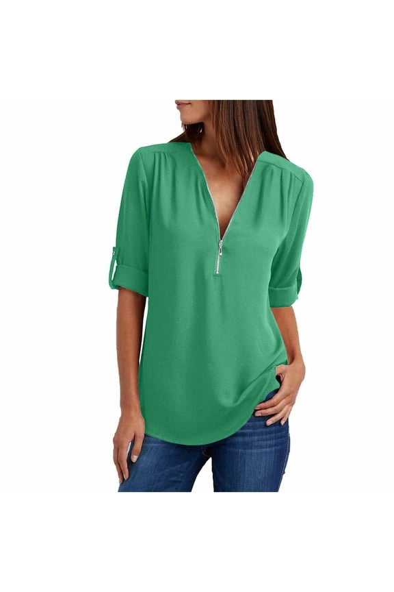 USSUMA Womens Blouses And Tops Dressy Casual Solid Front Zipper V Neck Long Sleeve Loose Blouses Tops Work Shirts Plus Size