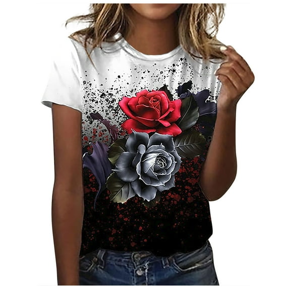 USSUMA Womens Blouses Tops Dressy 3D Rose Butterfly Print Tops for Women Casual Summer Crewneck Plus Size Tunic Women's Short Sleeve Comfy Cute Loose T-Shirts Trendy