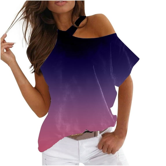 USSUMA Womens Blouses Tops Dressy Sexy Tie-Dye Gradient Tops for Women Casual Summer Off the shoulder Plus Size Tunic Women's Short Sleeve Ombre Cold Shoulder T-Shirts Trendy