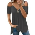 thumbnail image 1 of USSUMA Womens Blouses and Tops Dressy Summer Women 2022 Cold Shoulder Tshirt Tops Casual Sexy Loose Fit V Neck Blouses Fashion Short Sleeve Zipper Tunic Tees, 1 of 8