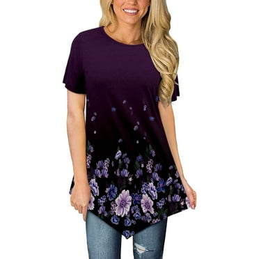 USSUMA Womens Blouses and Tops Dressy Women Classic Summer Floral Print Short Sleeve Plus Tunics Irregular Hem Tunic Tops Flowy Blouses Shirt Ladies Tops Trendy