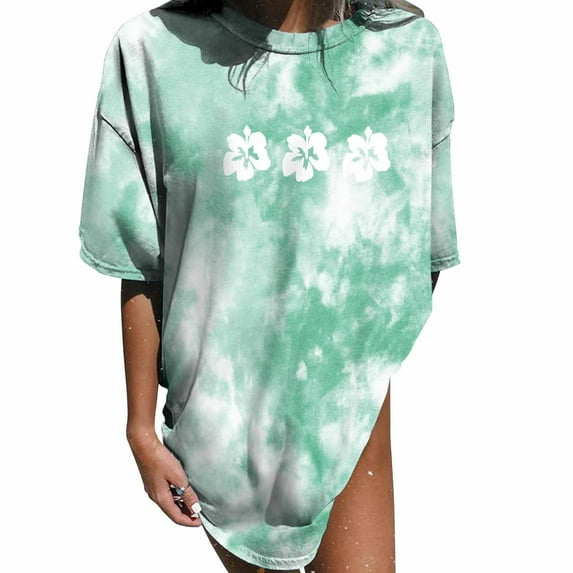 USSUMA Womens Blouses and Tops Dressy Women's Vintage Drop Short Sleeve Plus Tunics Printed Pattern Casual Short Sleeve Plus Tunics Gradient Tie-dye Print Tops Blouse Ladies Tops Trendy