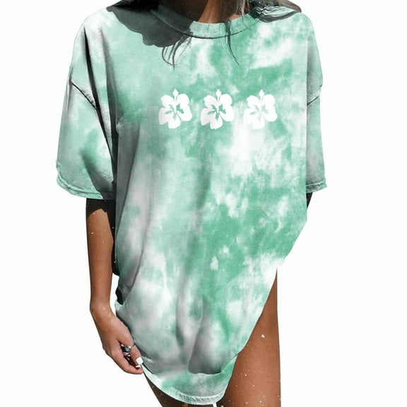 USSUMA Womens Blouses and Tops Dressy Women's Vintage Drop Short Sleeve Plus Tunics Printed Pattern Casual Short Sleeve Plus Tunics Gradient Tie-dye Print Tops Blouse Ladies Tops Trendy