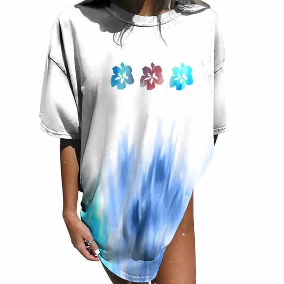 USSUMA Womens Blouses and Tops Dressy Women's Vintage Drop Short Sleeve Plus Tunics Printed Pattern Casual Short Sleeve Plus Tunics Gradient Tie-dye Print Tops Blouse Ladies Tops Trendy