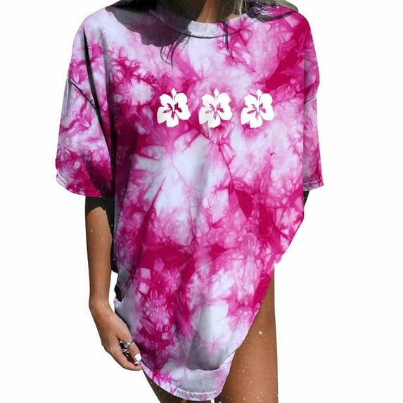 USSUMA Womens Blouses and Tops Dressy Women's Vintage Drop Short Sleeve Plus Tunics Printed Pattern Casual Short Sleeve Plus Tunics Gradient Tie-dye Print Tops Blouse Ladies Tops Trendy