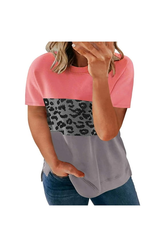 USSUMA Plus Womens Tops Dressy Casual Women's Plus Size Tops Leopard Print Oversized Color Block Tunic Round Neck Summer Short Sleeve Shirt