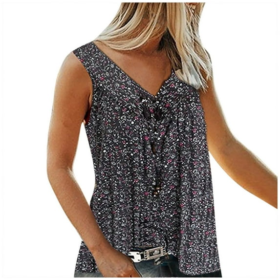 USSUMA Womens Blouses and Tops Dressy Women's Sleeveless Blouse Top Plus Size Casual V Neck Floral Printed Flowy Summer Tunic Tank T Shirt Tshirt