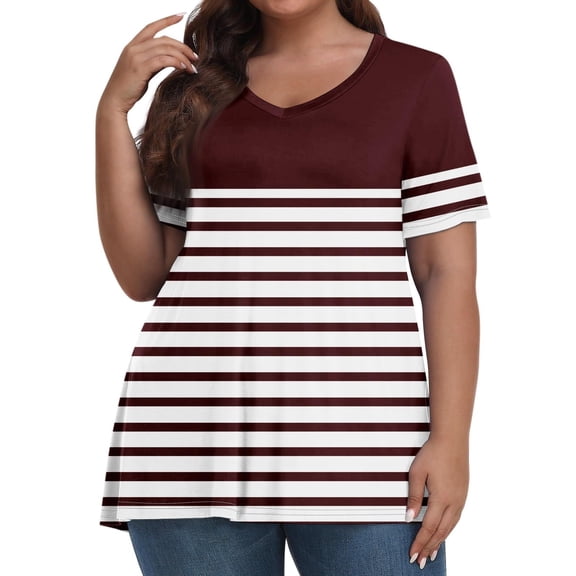 USSUMA Womens Clothes Womens Summer Tops V Neck Short Sleeve Plus Size Tops for Women Solid Color Plain Retro Tee Comfortable Tee Bachelor Party Wine Polyester Holiday Saving XL