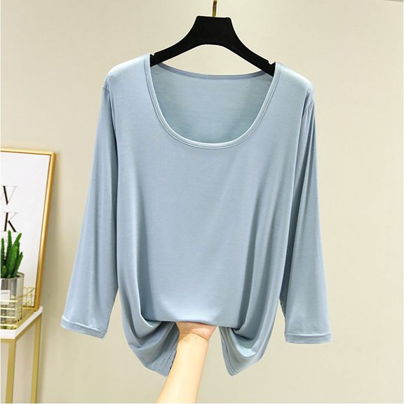 USSUMA Womens Clothes Summer Tops for Women 2025 Round Neck Short Sleeve 3/4 Sleeve Plus Size Tops for Women Solid Color Plain Loose Fit Retro Tops Lightweight Blouse Camping Light Blue s L