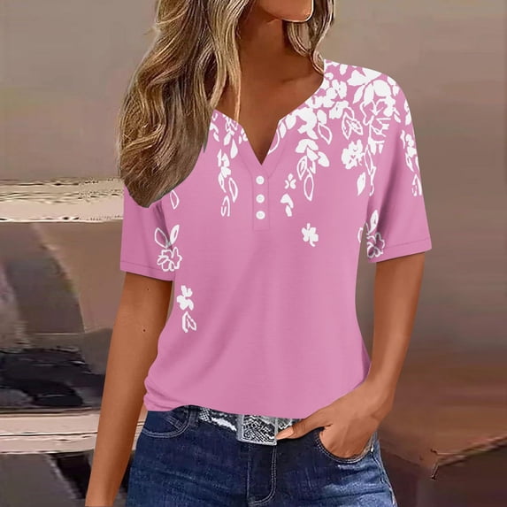 USSUMA Womens Clothes Summer Tops for Women 2025 Round Neck Short Sleeve Prints Loose Fit Button Lounging Shirt Fashion Tee Street Pink Polyester Up to 65% off XXL