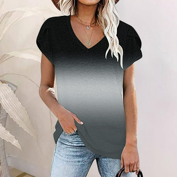 USSUMA Womens Clothes Womens Tank Tops V Neck Short Sleeve Gradient Printed Loose Fit Casual Shirt Comfortable T-Shirt Street Black Polyester Up to 65% off S