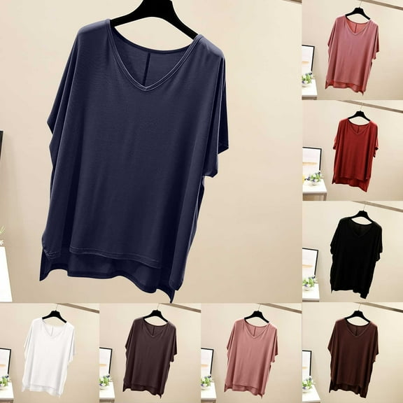 USSUMA Womens Clothes Womens Tops V Neck Short Sleeve Solid Color Plain Loose Fit Vintage Tops Breathable Tshirt School Black 100%Polyester Holiday Gift Finder L