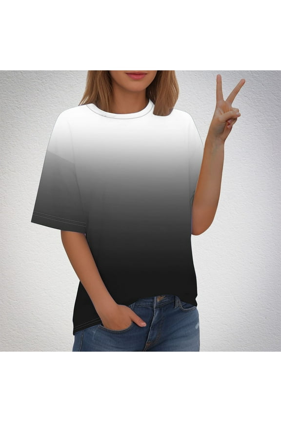Womens Clothes Tops for Women Trendy Round Neck Short Sleeve Plus Size Tops for Women Gradient Printed Lounging Tops Fashion Tee Travel Black Polyester 50% off Clear XXL