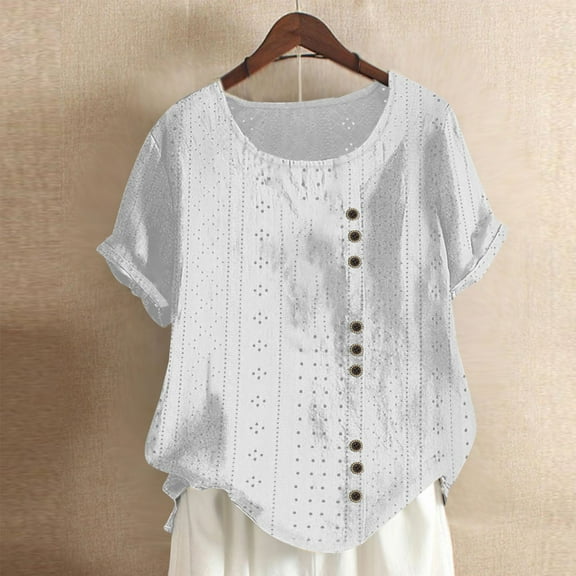 USSUMA Workout Tops for Women Women'S Fashion Solid Color Comfortable Loose Short Sleeve Blouse Button Court Lock Casual Round-Neck Tops Lounging Breathable Festival Gift White Polyester S