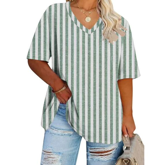 USSUMA Womens Clothes Tops for Women Trendy V Neck Short Sleeve Plus Size Tops for Women Prints Striped Leisure Tee Loose Shirt Office Green Polyester Up to 65% off XL