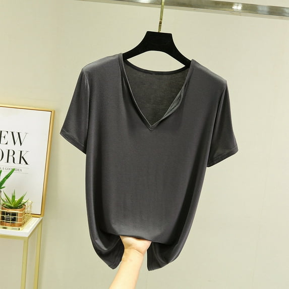 USSUMA Workout Tops for Women Women'S V-Neck Casual Solid Color Short Sleeved Loose T-Shirt Short Sleeved V-Neck Top/Shirt Casual Tax Free Weekend Dark Gray Modal M