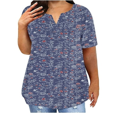 USSUMA Womens Clothes Womens Tank Tops V Neck Short Sleeve Plus Size Tops for Women Prints Retro Blouse Loose Tops Work Navy Polyester Deals XL