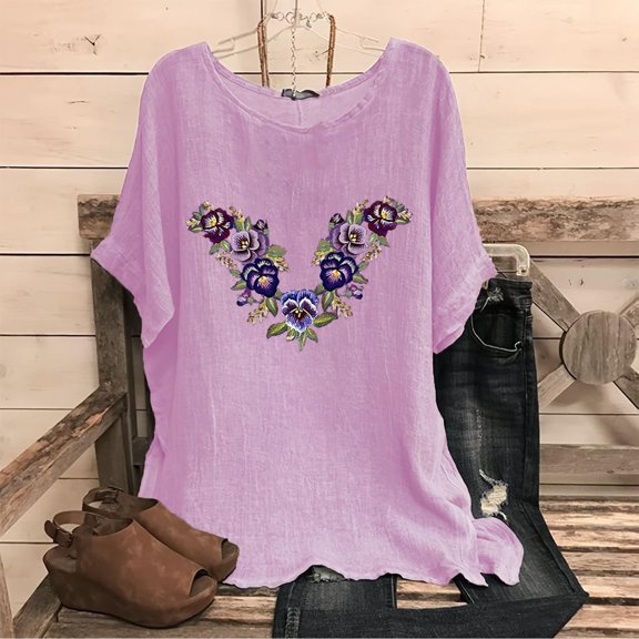 USSUMA Womens Clothes Womens Tops Short Sleeve Prints Embroidery Loose Fit Lounging Tshirt Loose Blouse Date Pink Linen Reduced Price M