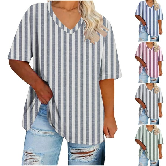 USSUMA Womens Clothes Womens Tops V Neck Short Sleeve Plus Size Tops for Women Prints Striped Trendy Tshirt Breathable T-Shirt Daily Wear Blue Polyester Tax Free Weekend XL