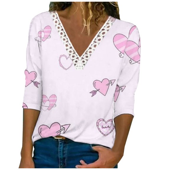 USSUMA Womens Clothing Love Heart Print Black Lace Shirt Long Sleeve V-Neck Summer Basic Womens Dress Tops and Blouses