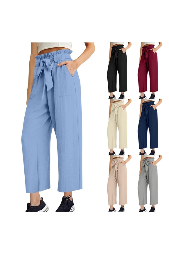 Womens Cotton Linen Palazzo Pants Wide Leg High Waist Smocked Flowy Trousers 2025 Kids Summer Beach Vacation Outfits 50% Off Clear