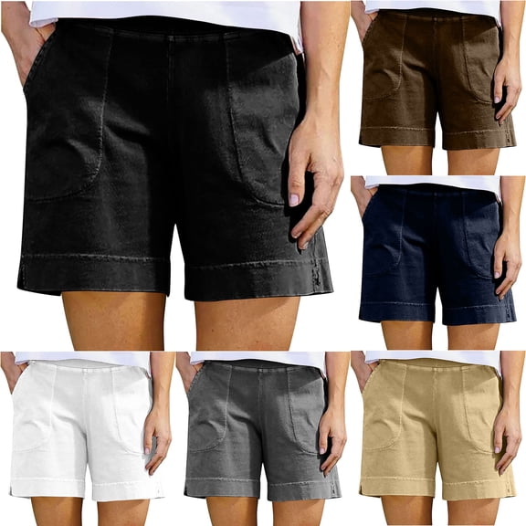 USSUMA Womens Cotton-Linen Pocket Casual Summer Shorts High-Waist Elastic Waist Pull-On Breathable Lightweight Fabric with Functional Pockets Relaxed Fit for Beach Travel Everyday Wear, Shorts