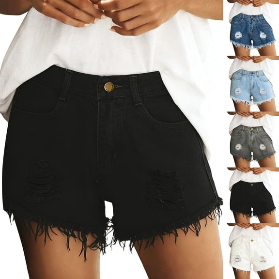 USSUMA Womens Distressed Super Short Denim Hot Pants High Waist Ripped Hem Stretch Cotton with Functional Pockets Comfortable Summer Beach Clubwear Street Style, Denim, Shorts