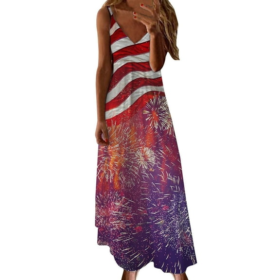 USSUMA Womens Dresses Vacation, 4th of July Dress Women Casual Star Stripe Print Maxi Long Party Sundress Loose Sleeveless V Neck T Shirt Dresses